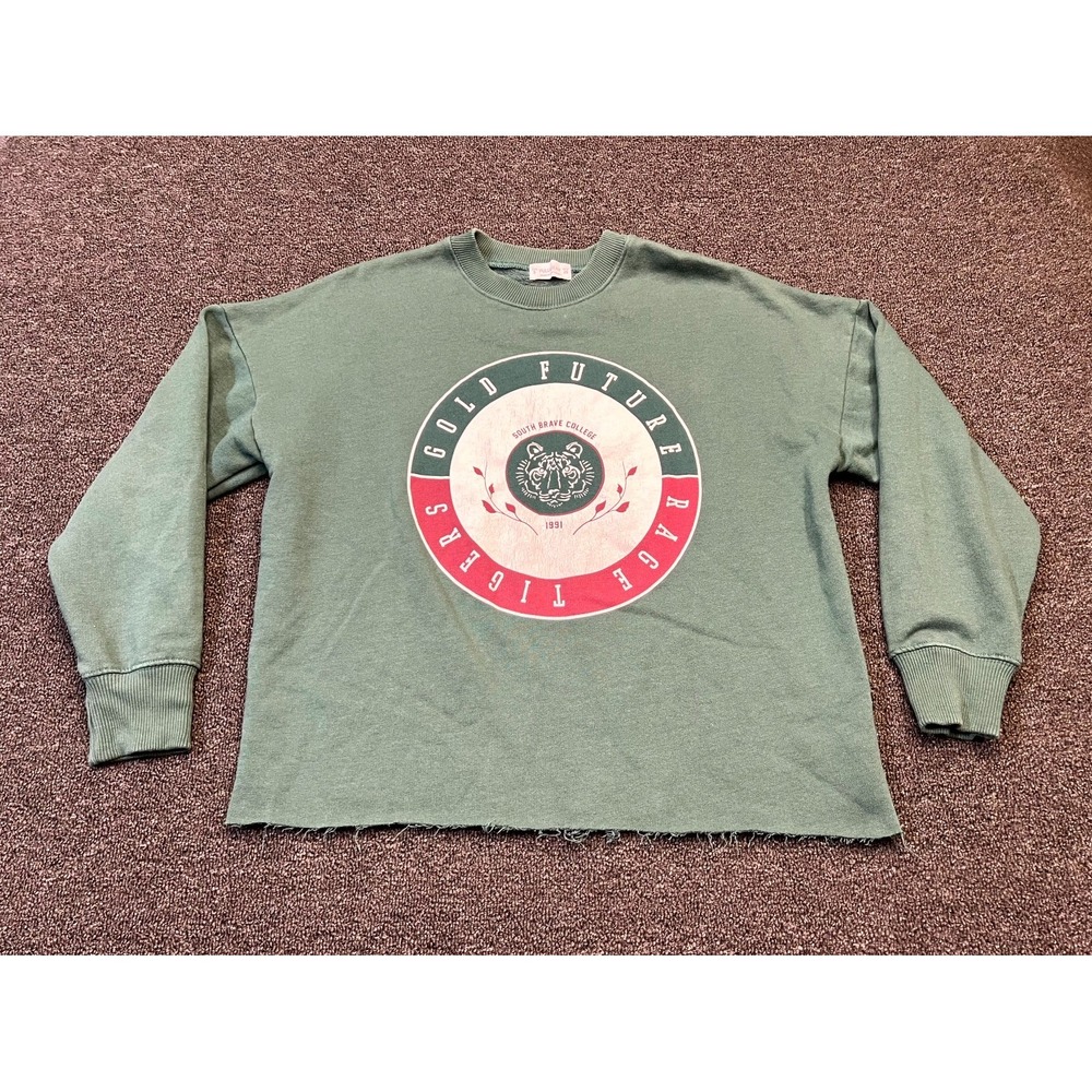 Pull & Bear Sweatshirt Womens Small Green Fleece Lined Graphic Print Relaxed Fit